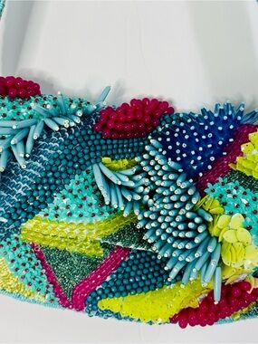 Source Unknown Turquoise, Lime, Fuchsia Beaded Shoulder Bag